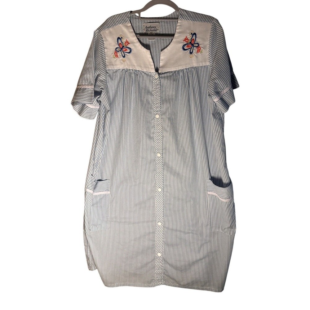Anthony Richards Womens Seersucker House Dress Mumu Duster Pockets Snaps L
